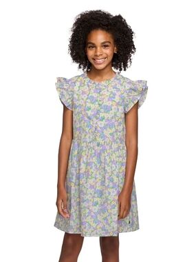 Girls' Lavender Floral Ruffle-Sleeve Dress